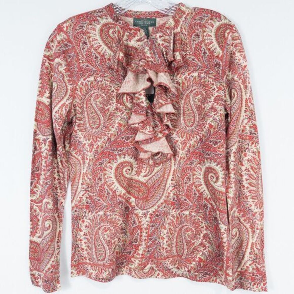 LRL Lauren Jeans Co Ruffle Front Paisley Cotton Top Womens Petite M Boho Western